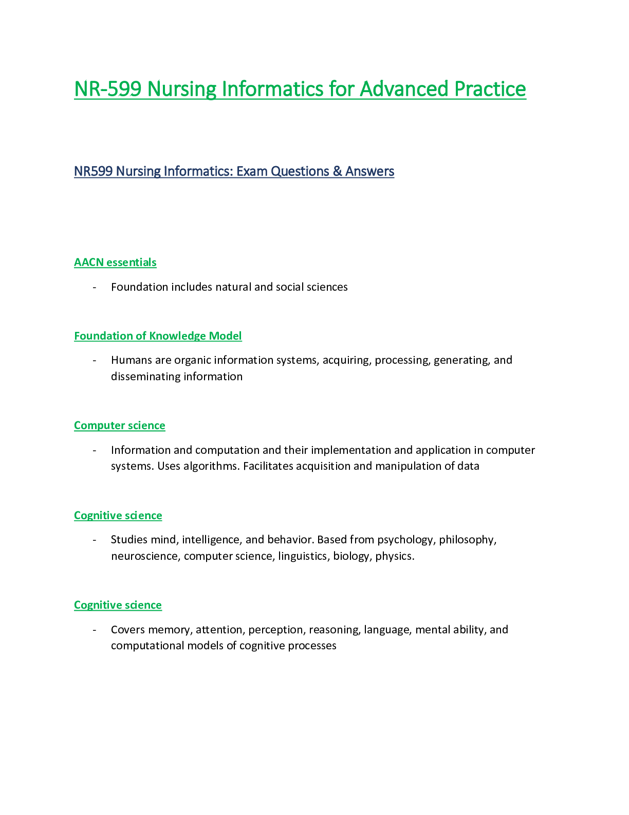 Preview of NR599 / NR-599 Exam Q & A (Latest 2021 /2022): Nursing Informatics for Advanced Practice -